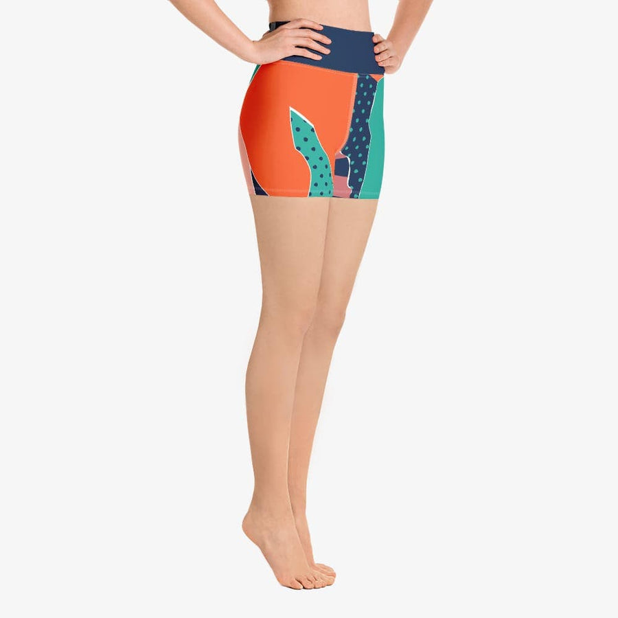 Funky patterned shorts for women. Perfect for Yoga, Pilates and Gym. Model "collage" indigo and orange