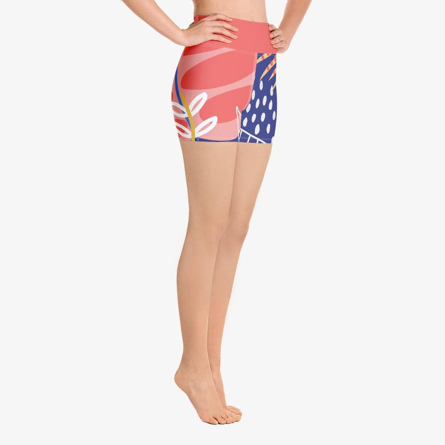 Funky floral shorts for women. Perfect for Yoga, Pilates and Gym. Model "tropics" coral and blue