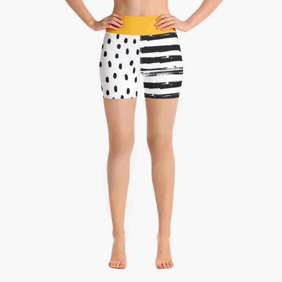 Funky patterned shorts for women. Perfect for Yoga, Pilates and Gym. Model "dots and stripes" yellow
