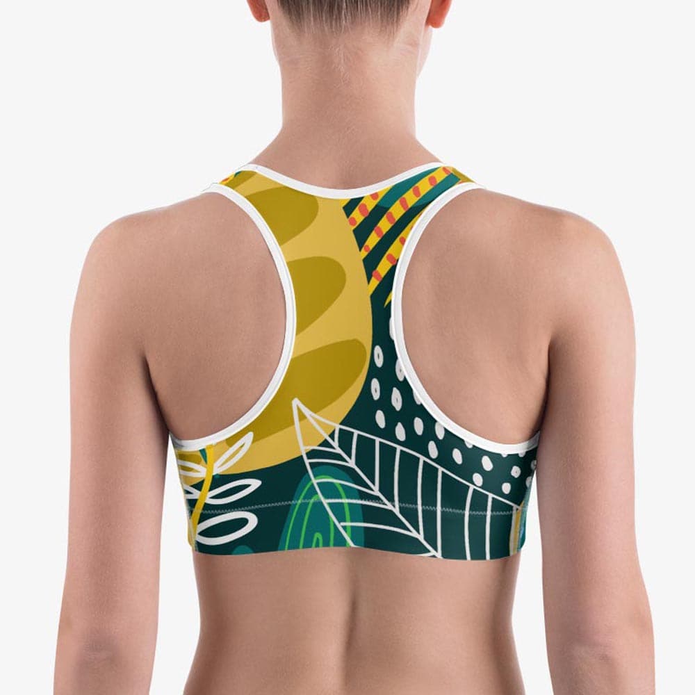 Back view of sports bra with tropical forest design.