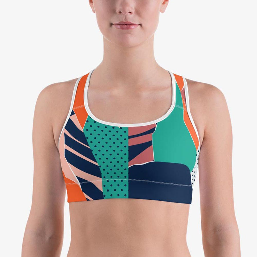 Funky patterned sports bra for women. Perfect for Yoga, Pilates and Gym. Model "collage" orange and indigo