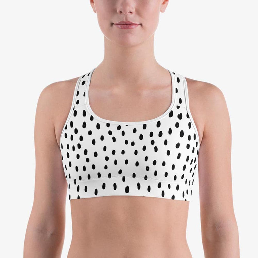 Funky patterned sports bra for women. Perfect for Yoga, Pilates and Gym. Model "dots" black and white
