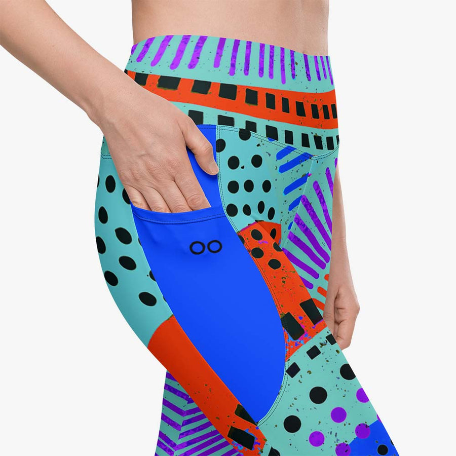 Printed Leggings "Ethno Pop" Turquoise/Red with pockets