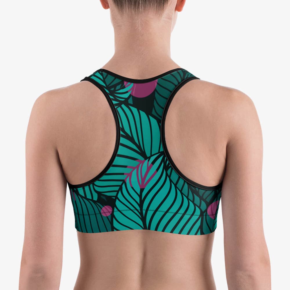 Back view of sports bra with abstract print.