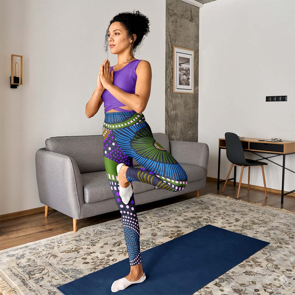 Close-up of ethno pop design on leggings.
