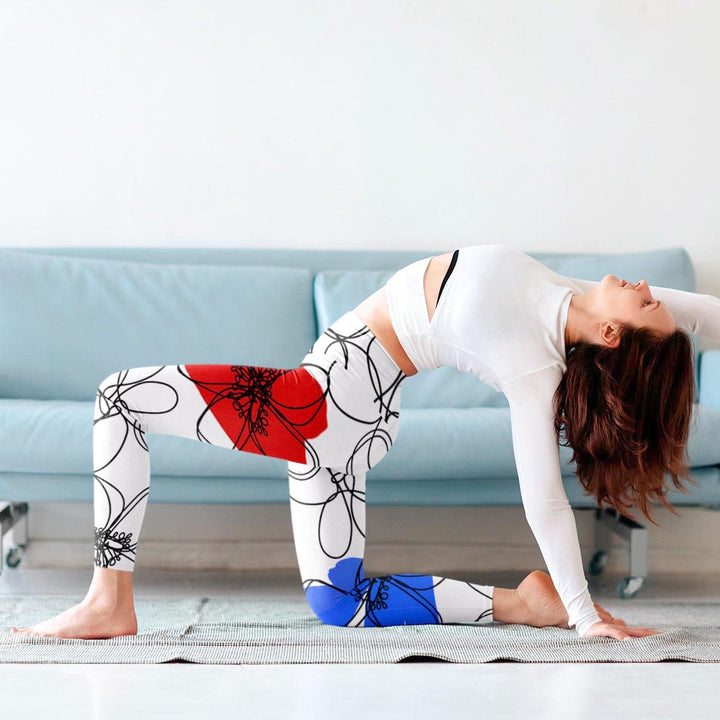 Leggings with whimsical flower doodles in bright colours.