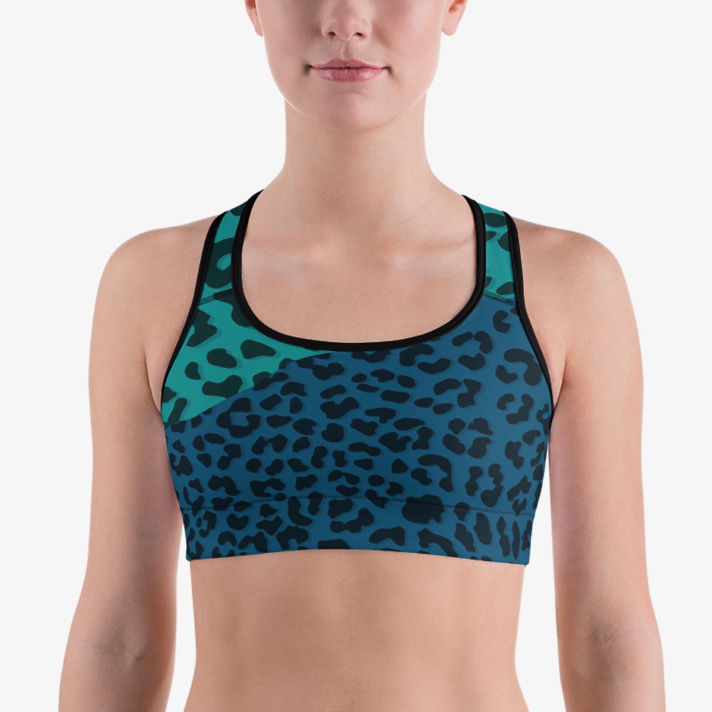 Funky animal printed sports bra for women. Perfect for Yoga, Pilates and Gym. Model "Leopard" blue
