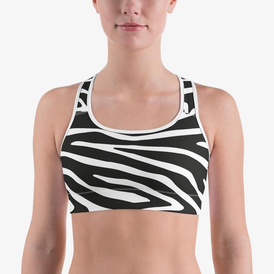 Funky animal printed sports bra for women. Perfect for Yoga, Pilates and Gym. Model "zebra" black and white