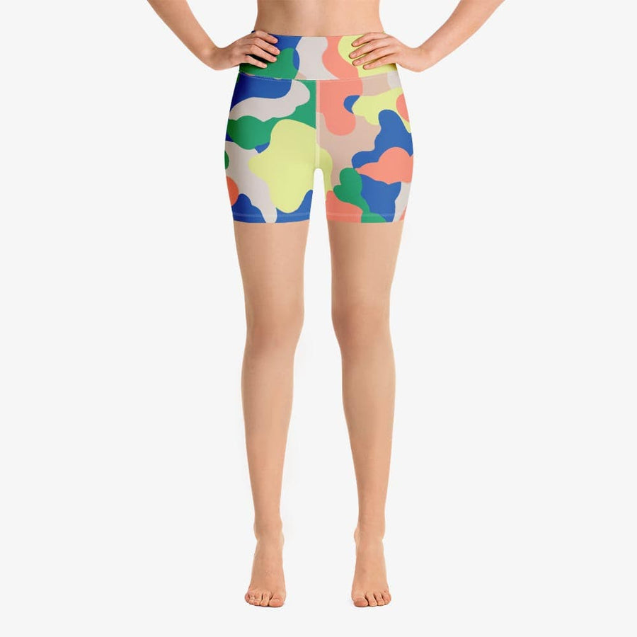 Funky patterned shorts for women. Perfect for Yoga, Pilates and Gym. Model "camouflage" salmon and blue