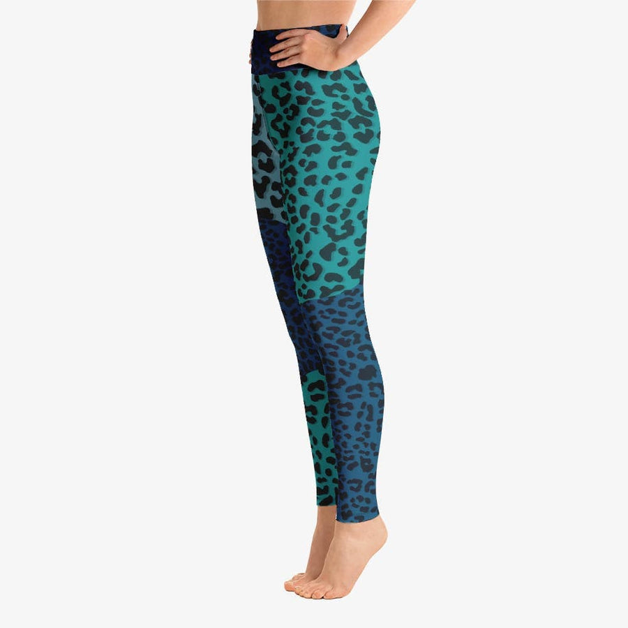 Funky animal printed leggings for women. Leopard blue left side.
