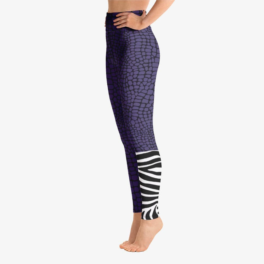 Funky animal printed leggings for women. Crocozebra purple left side.