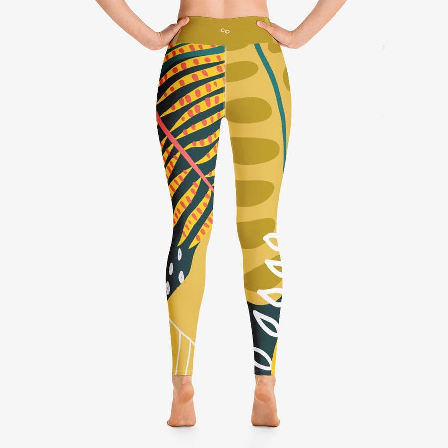 Funky floral leggings for women. Model "Tropics" Olive and green. back.