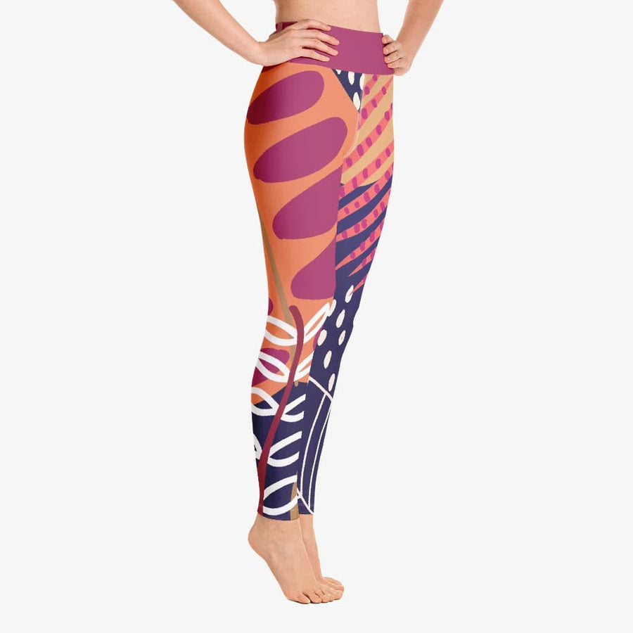 Funky floral leggings for women. Model "Tropics" burgundy and purple right.