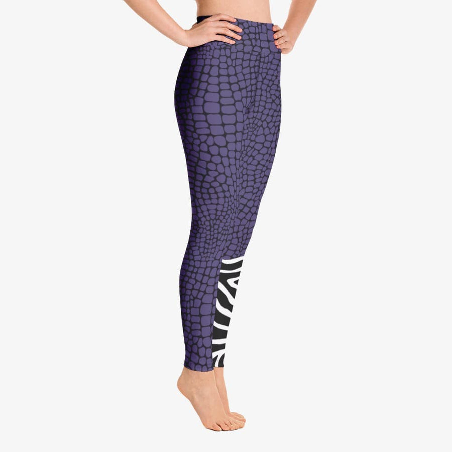 Funky animal printed leggings for women. Crocozebra purple right side.
