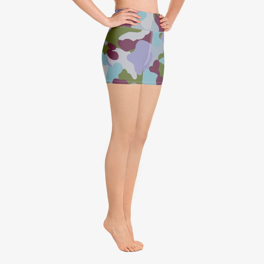 Funky patterned shorts for women. Perfect for Yoga, Pilates and Gym. Model "camouflage" lilac and green