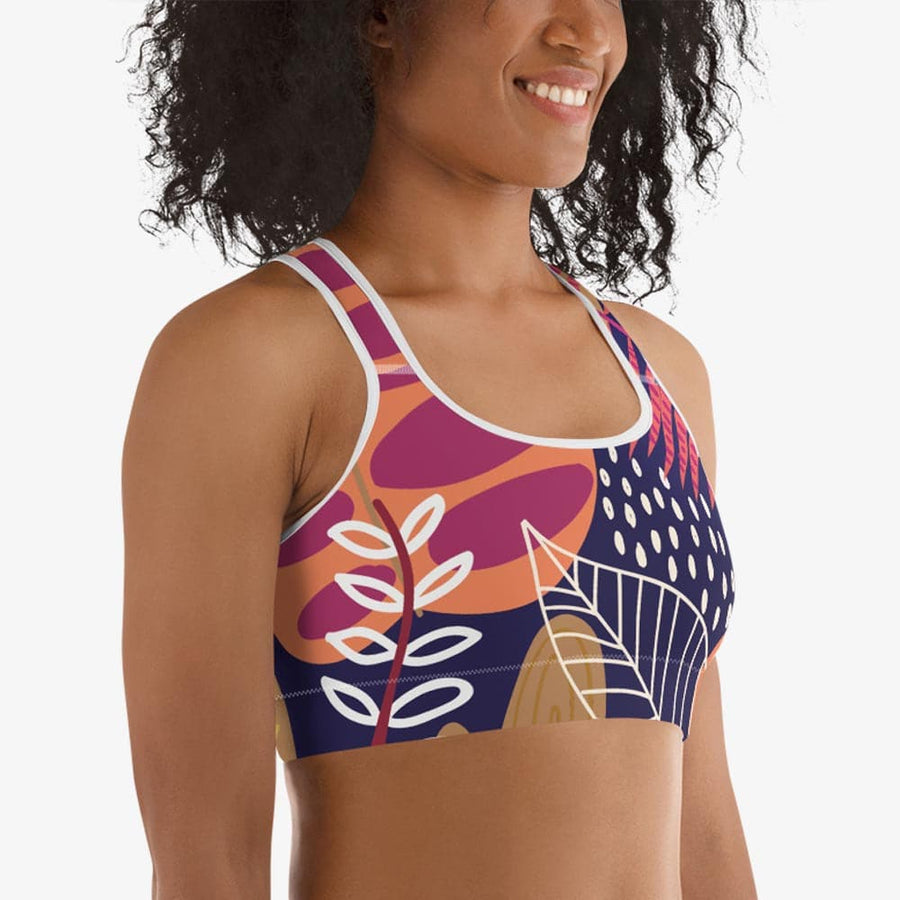 Funky floral sports bra for women. Perfect for Yoga, Pilates and Gym. Model "tropics" burgundy and purple